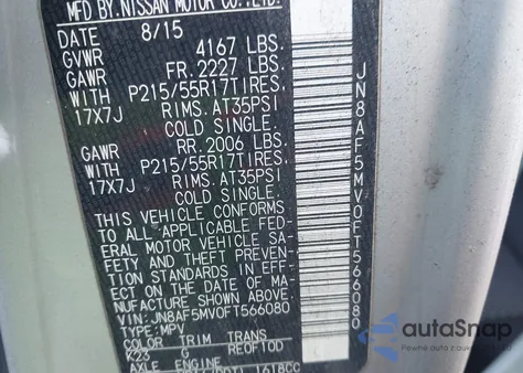 2015 Nissan Juke S z USA, uszkodzony, nr VIN JN8AF5MV0FT566080